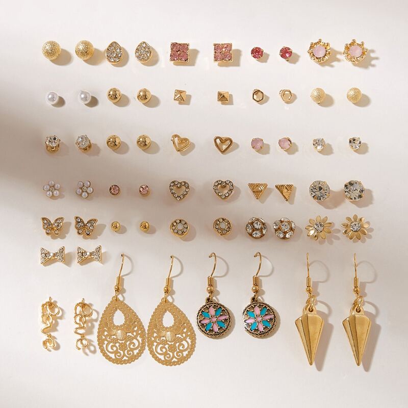 

Geometric & Flower Design Earrings 30pairs, Gold