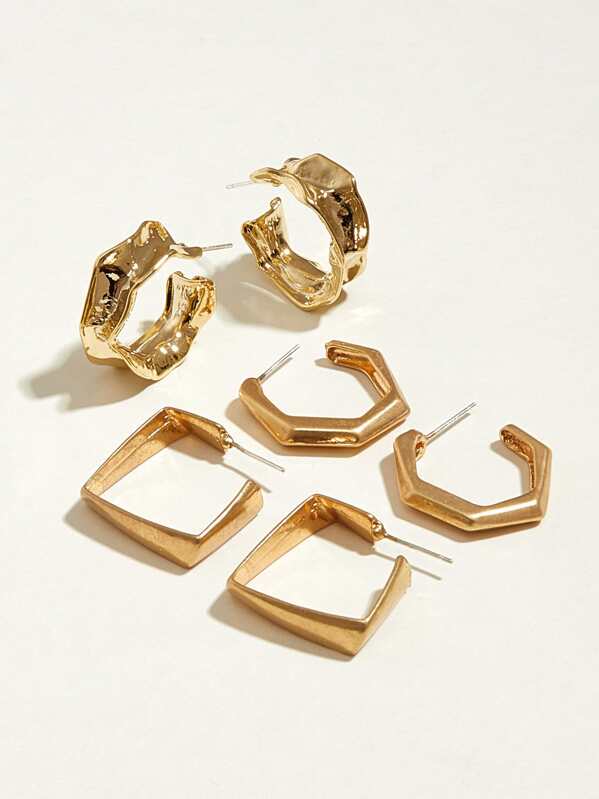 

3pairs Irregular Geometric Hoop Earrings, Gold