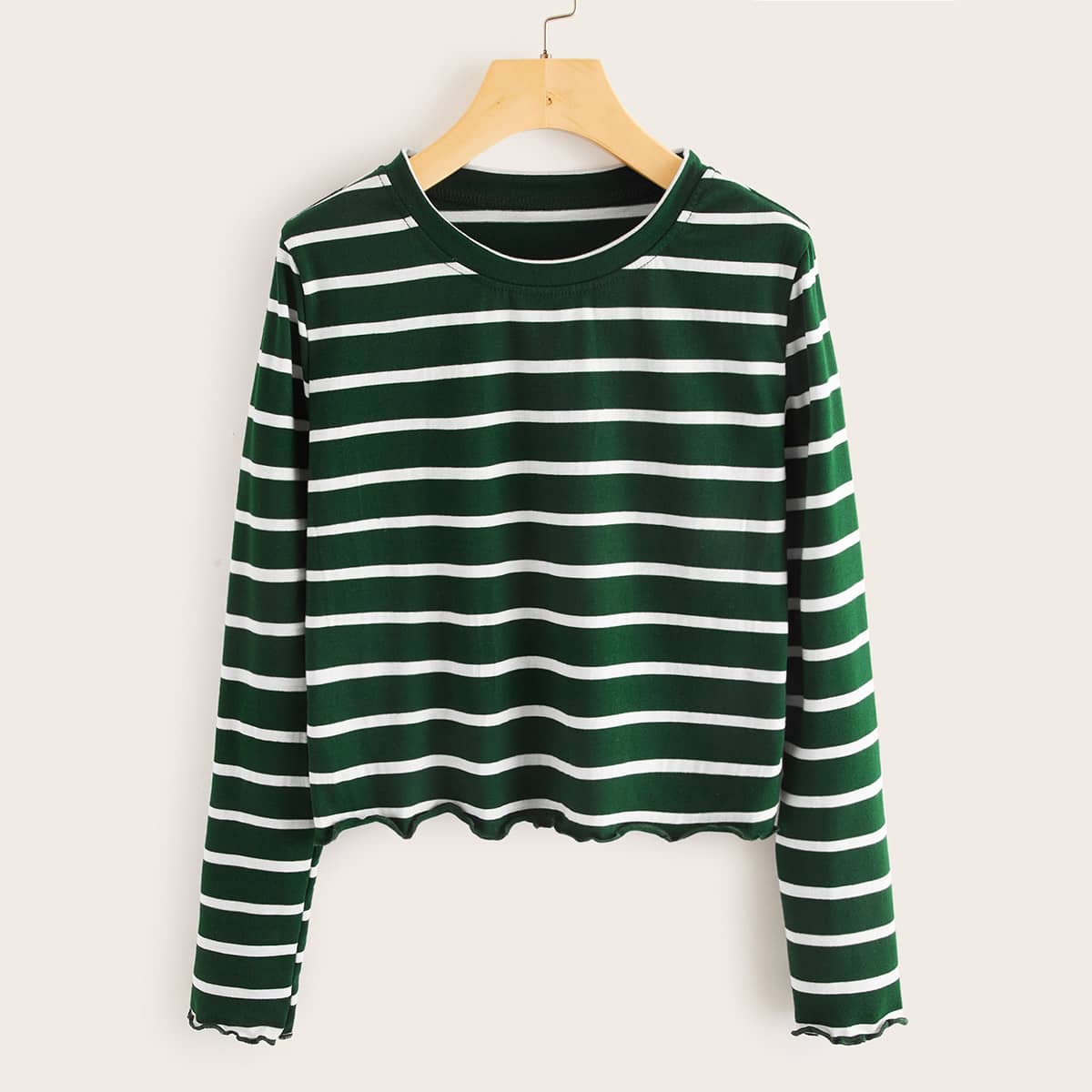 

Striped Lettuce Trim Round Neck Tee, Green