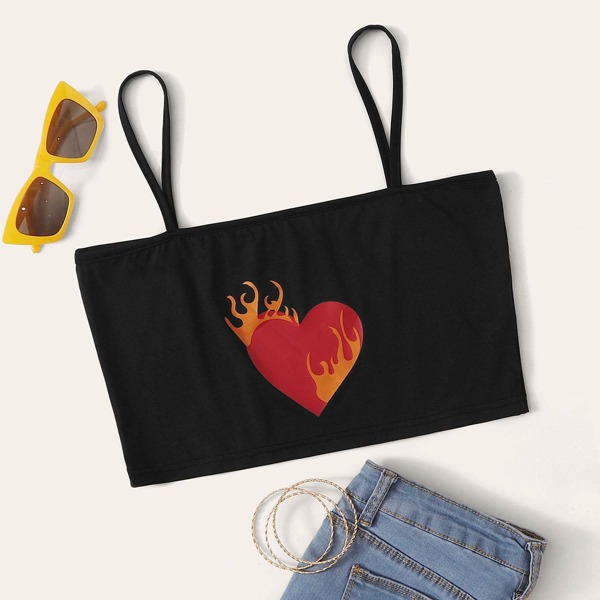 

Burning Heart Print Crop Cami Top, Black