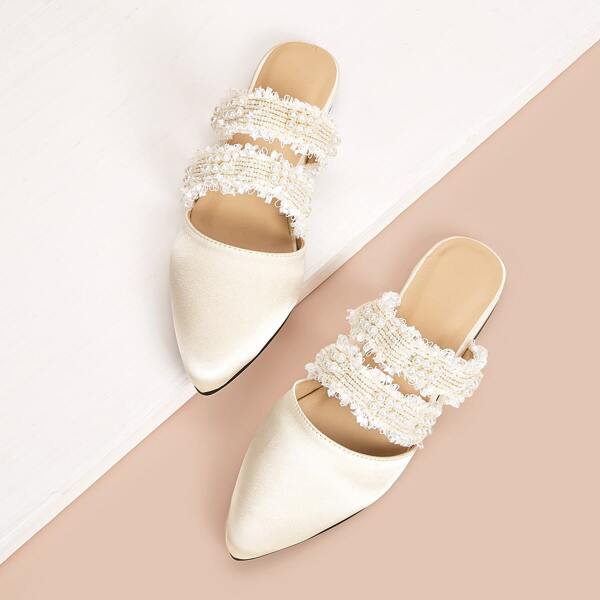 

Faux Pears & Raw Trim Twin Band Flat Mules, Beige
