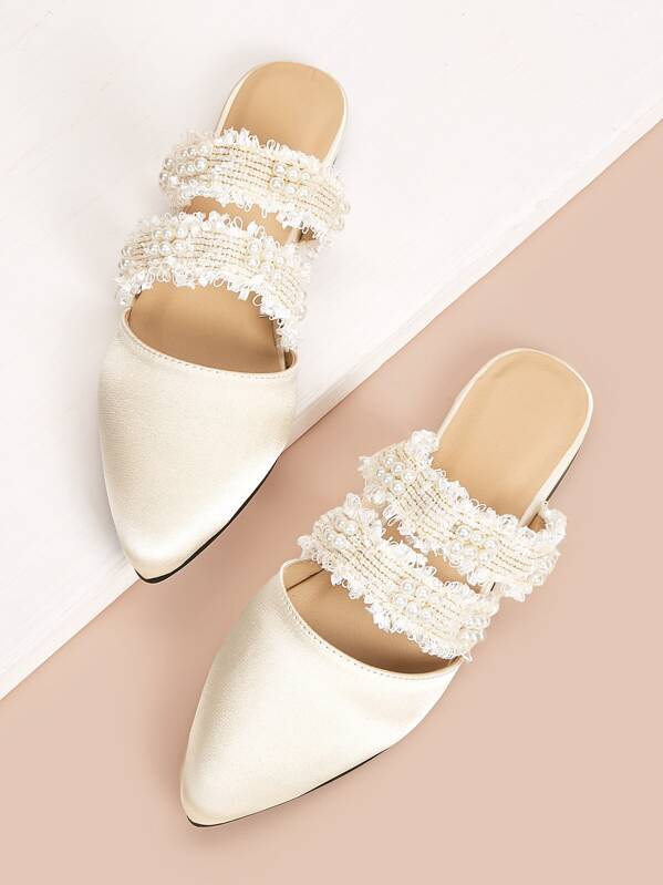 

Faux Pears & Raw Trim Twin Band Flat Mules, Beige
