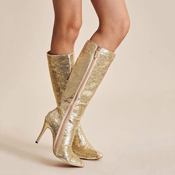 

Sequin Overall Side Zip Stiletto Boots, Gold