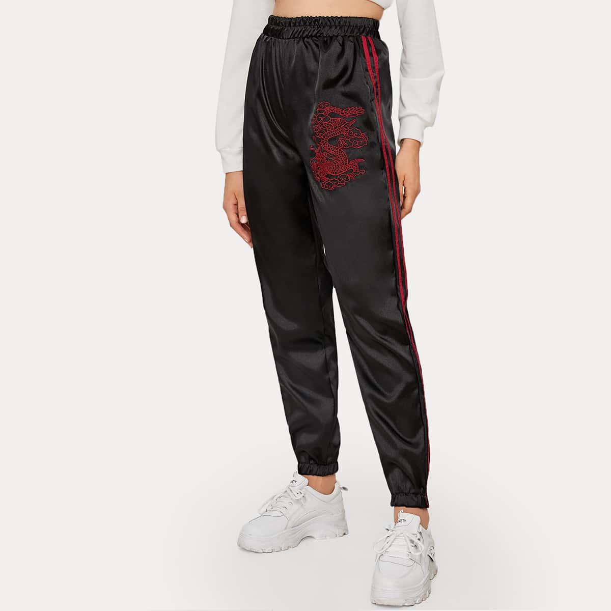 

Dragon Graphic High Waist Striped Satin Joggers, Black
