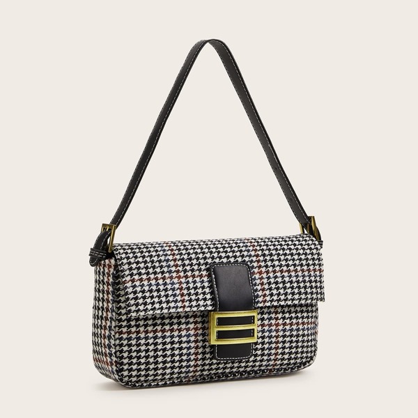 

Houndstooth Flap Baguette Bag, Black and white