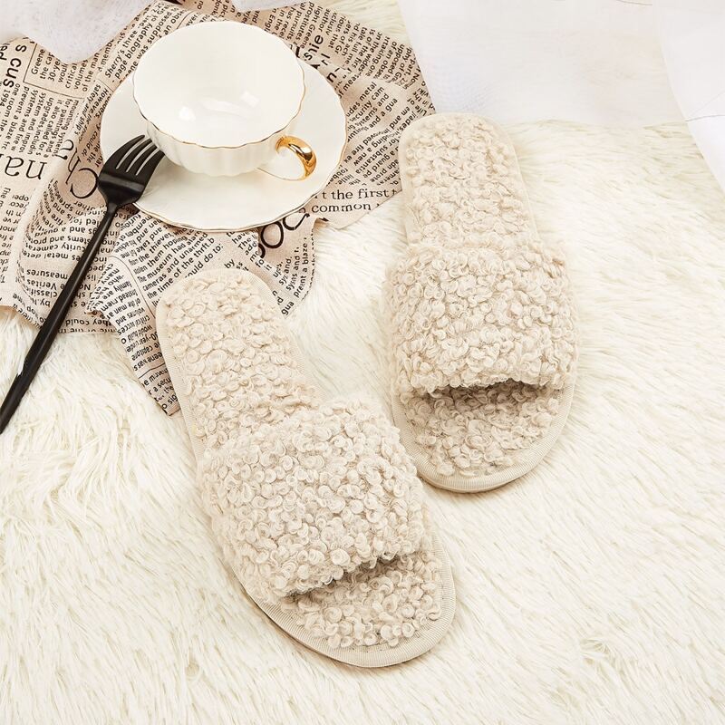 

Open Toe Fluffy Slippers, Beige