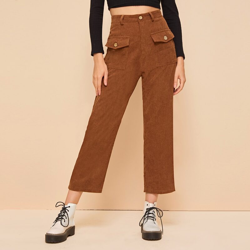 

Button Fly Crop Corduroy Straight Pants, Brown