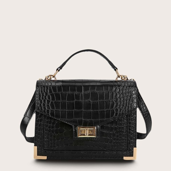 

Croc Embossed Twist Lock Satchel Bag, Black
