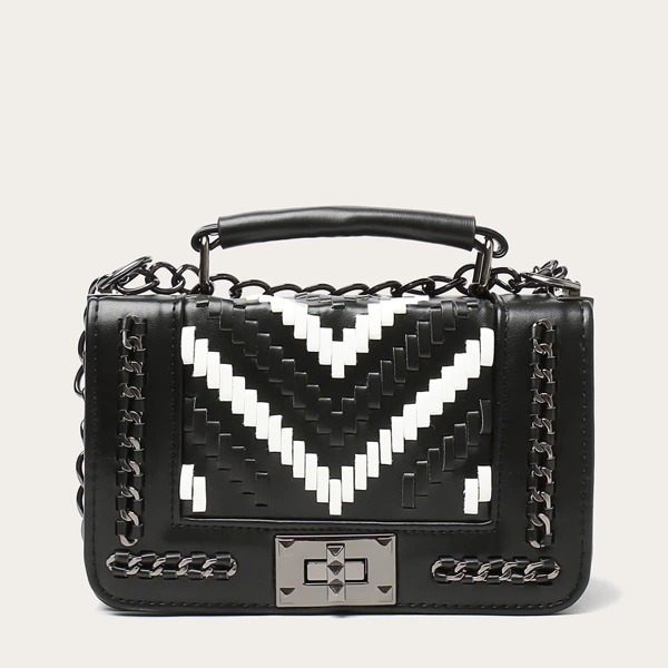 

Twist Lock Chevron Chain Satchel Bag, Black and white