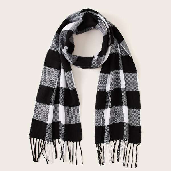 

Men Plaid Pattern Fringe Hem Scarf, Black and white