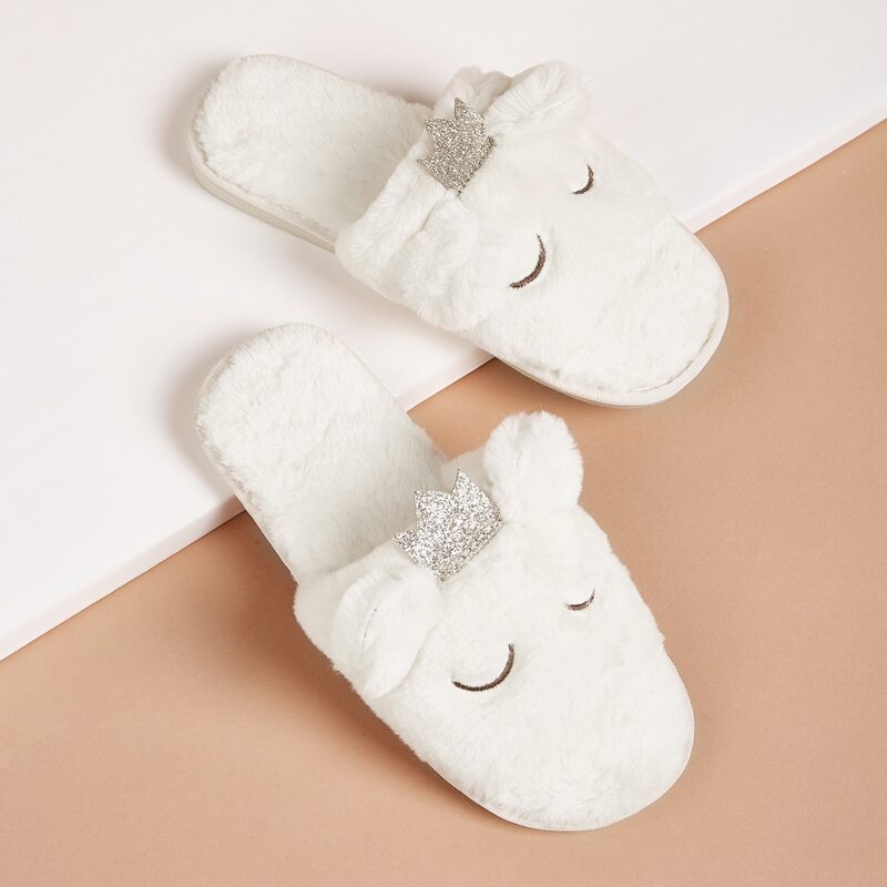 

Glitter Crown Decor Fluffy Slippers, White