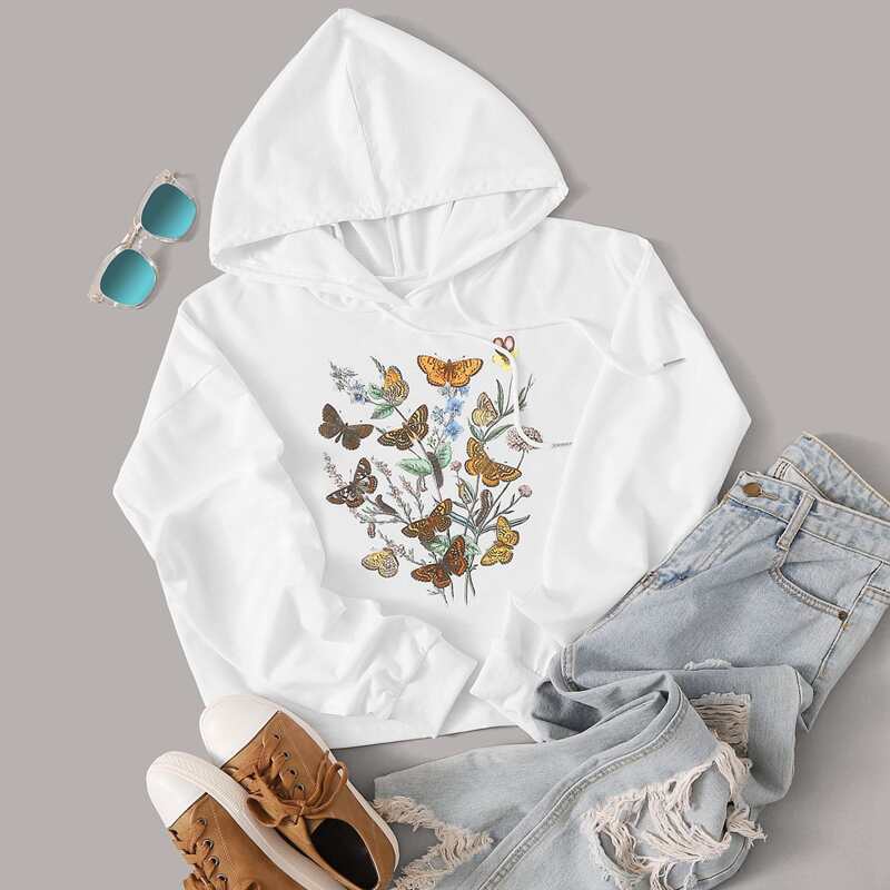 

Floral & Butterfly Print Drawstring Hoodie, White