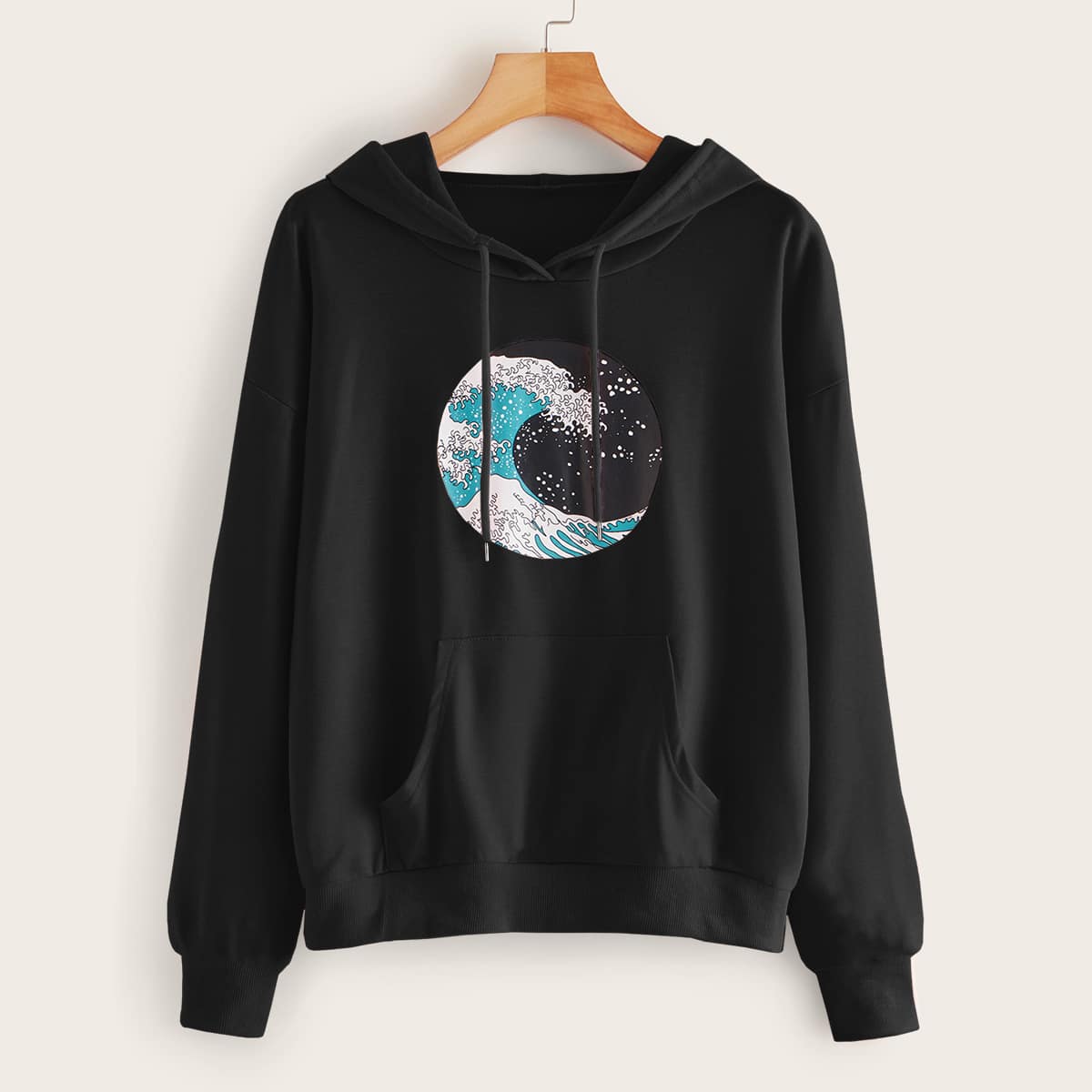 

Wave Print Drop Shoulder Hoodie, Black