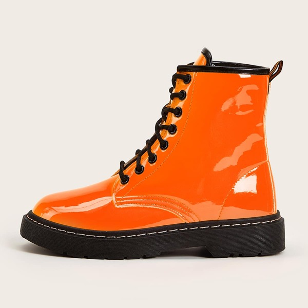 

Neon Orange Contrast Trim Combat Boots, Orange neon