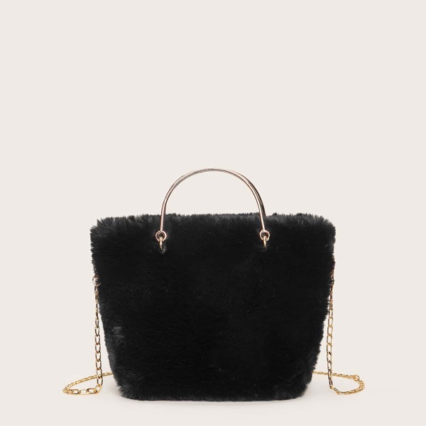 

Faux Fur Satchel Bag, Black