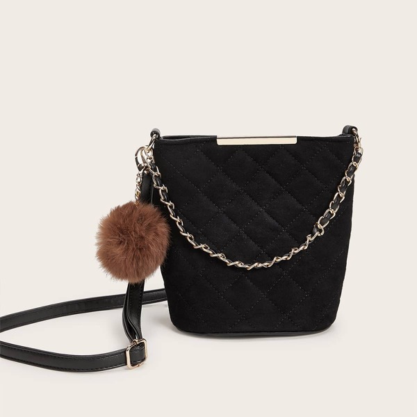 

Quilted Pom-pom & Chain Decor Crossbody Bag, Black