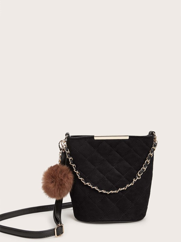 

Quilted Pom-pom & Chain Decor Crossbody Bag, Black