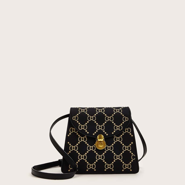 

Embroidery Flap Suede Crossbody Bag, Black