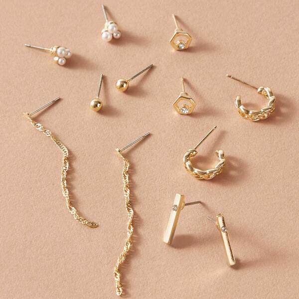 

6pairs Chain & Faux Pearl Decor Earrings, Gold
