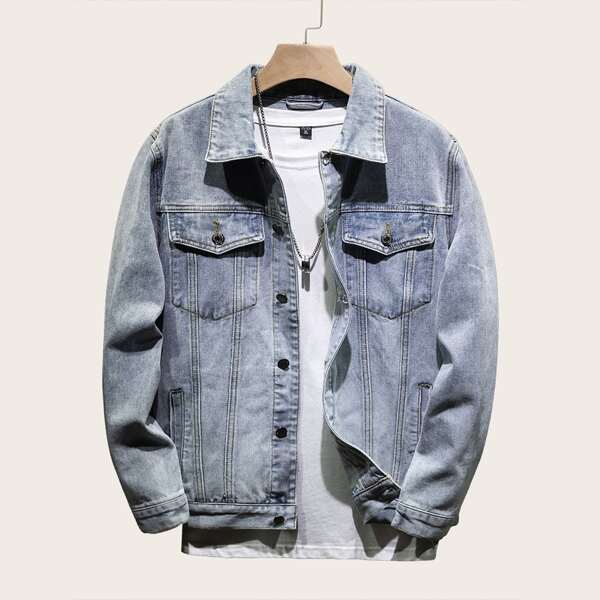 

Men Pocket Front Denim Trucker Jacket, Light wash