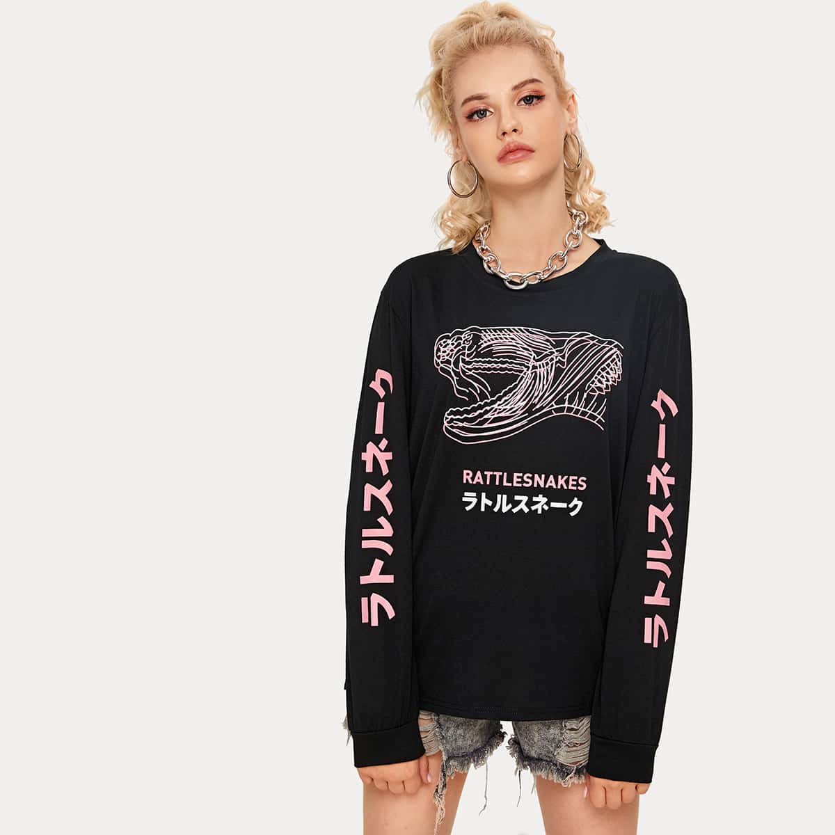 

Japanese Letter Graphic Long Sleeve Top, Black