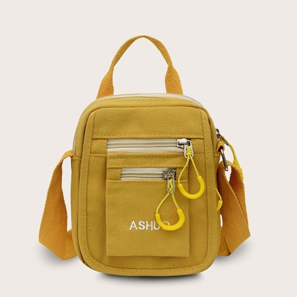 

Pocket Front Embroidered Letter Satchel Bag, Yellow