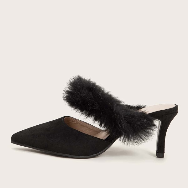 

Contrast Faux Fur Stiletto Heeled Mules, Black