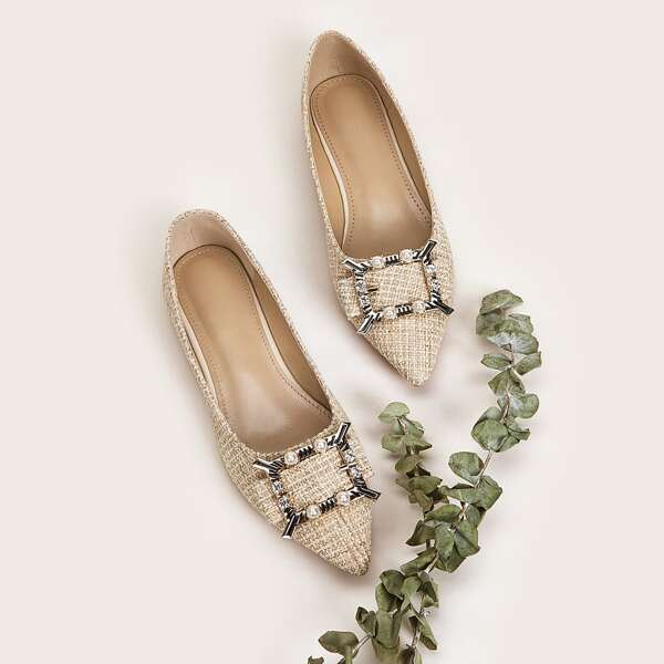 

Rhinestone & Pearl Decor Point Toe Flats, Apricot