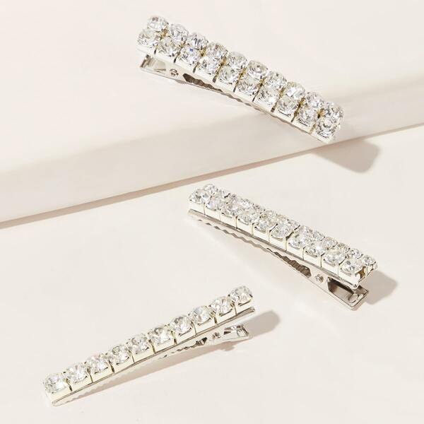 

3pcs Rhinestone Decor Hair Clip, Silver