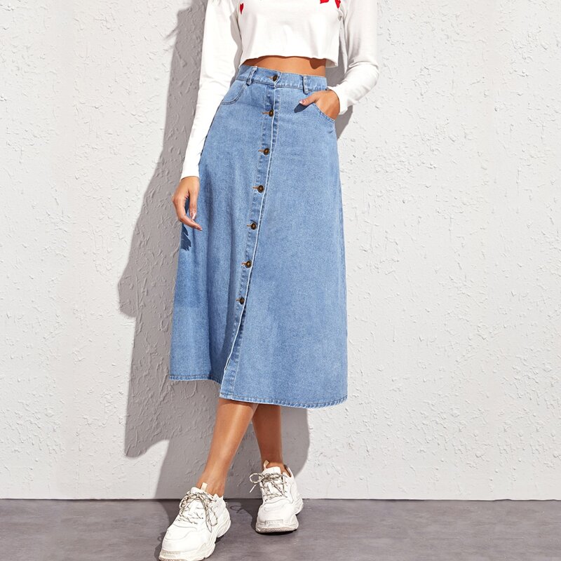 

Button Through A-line Denim Skirt, Light wash