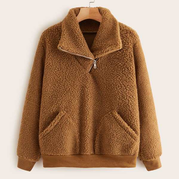 

Zipper Dual Pocket Teddy Sweatshirt, Brown