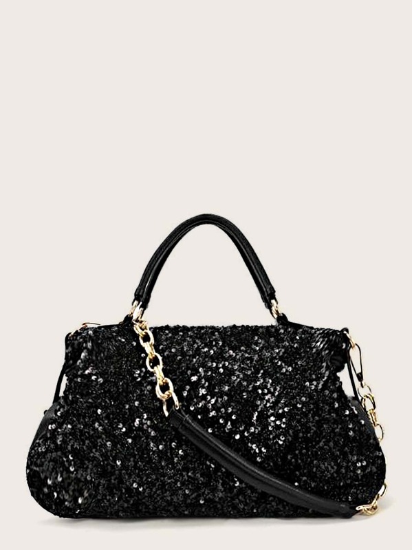 

Sequin Decor Chain Satchel Bag, Black