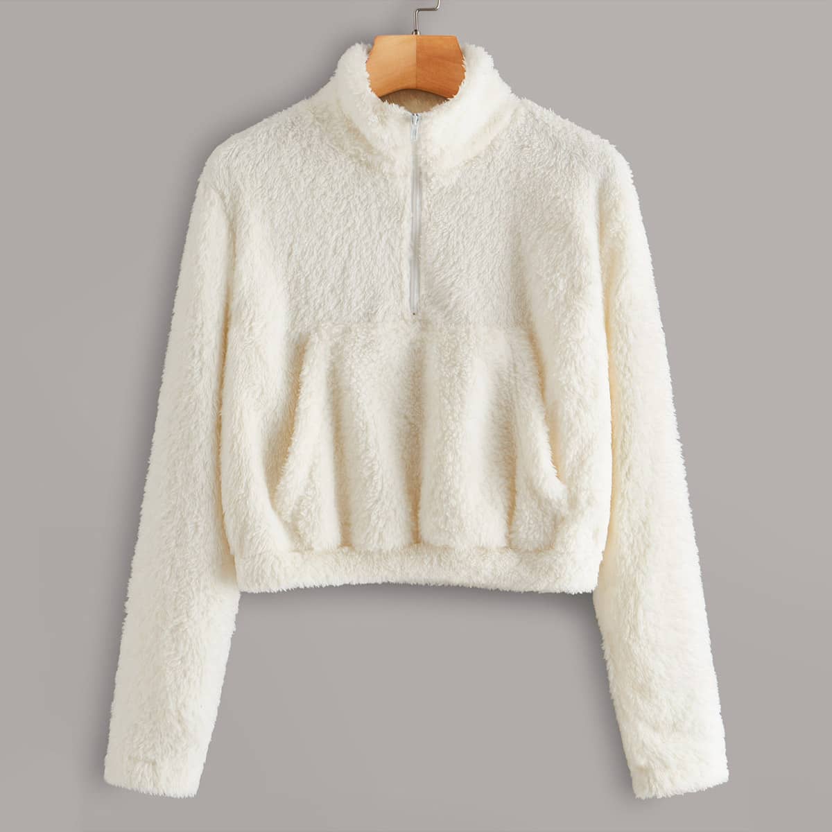 

Half Zip Kangaroo Pocket Teddy Sweatshirt, White