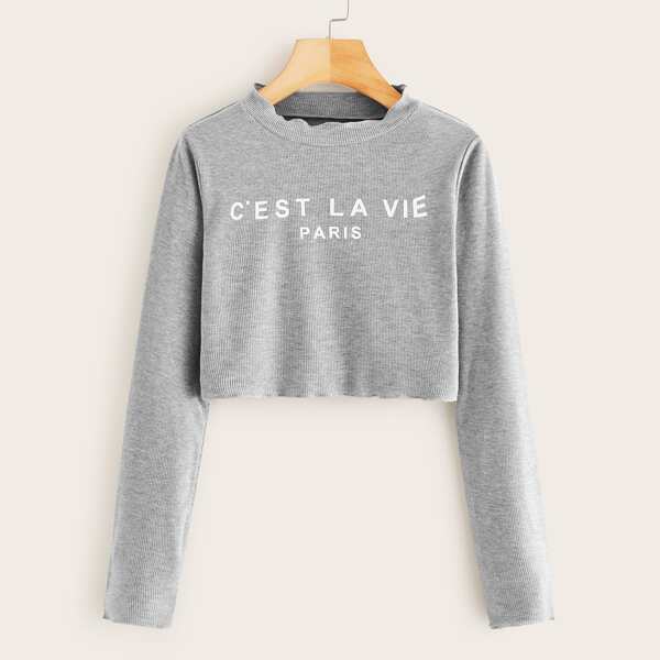 

Mock Neck Letter Graphic Tee, Grey