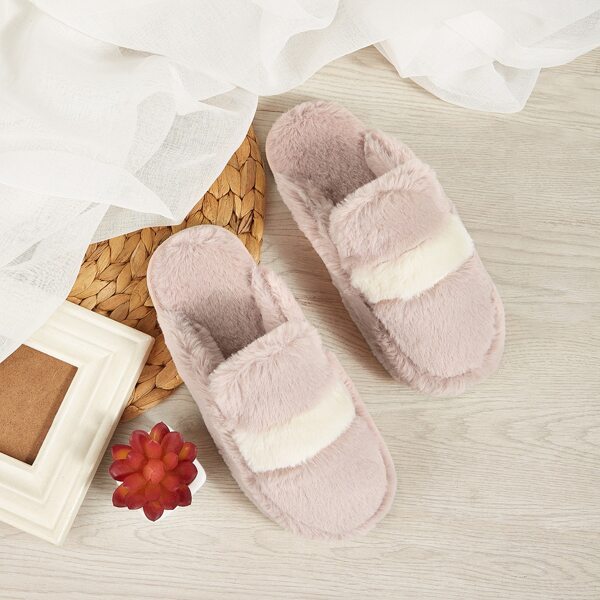 

Striped Fluffy Slippers, Nude