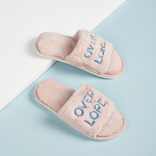 

Embroidered Letter Fluffy Open Toe Slippers, Pink