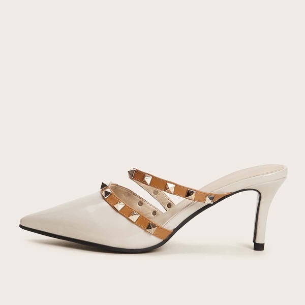 

Spike Decor Point Toe Stiletto Heeled Mules, Apricot