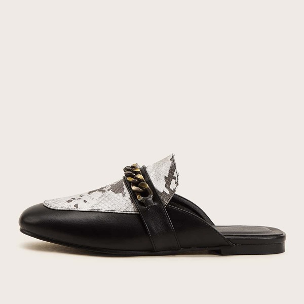 

Snakeskin Print Chain Decor Flat Mules, Black and white