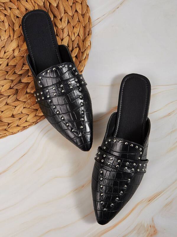 

Croc Embossed Studded Decor Flat Mules, Black