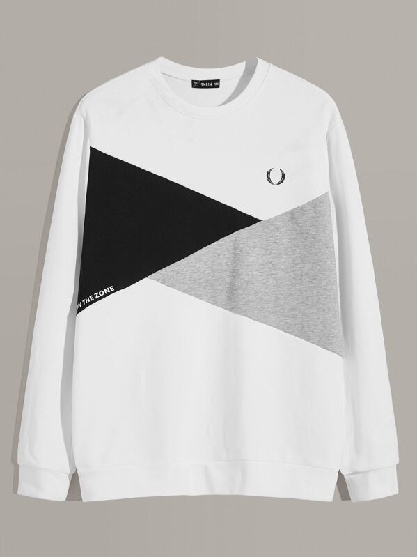 

Men Slogan Graphic Color Block Pullover, White