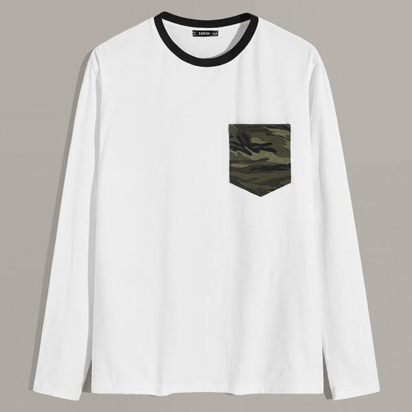 

Men Contrast Neck Camo Pocket Patched Tee, White