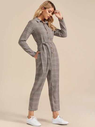 Tartan Print Button Front Belted Jumpsuit