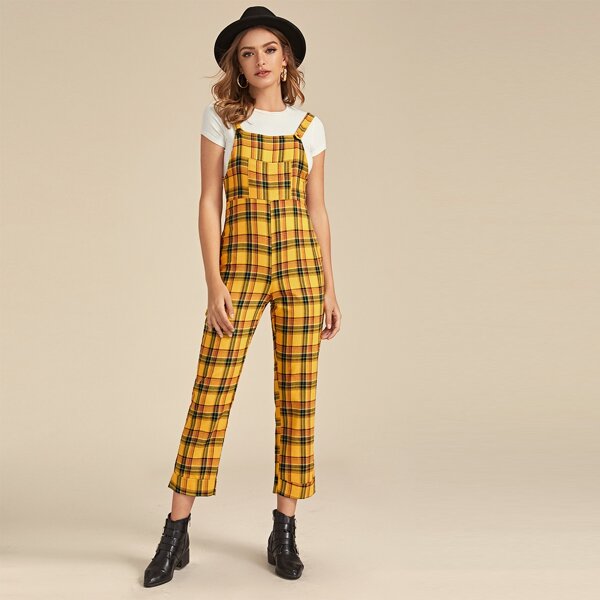 Plaid Print Pocket Front Overall Jumpsuit, Yellow
