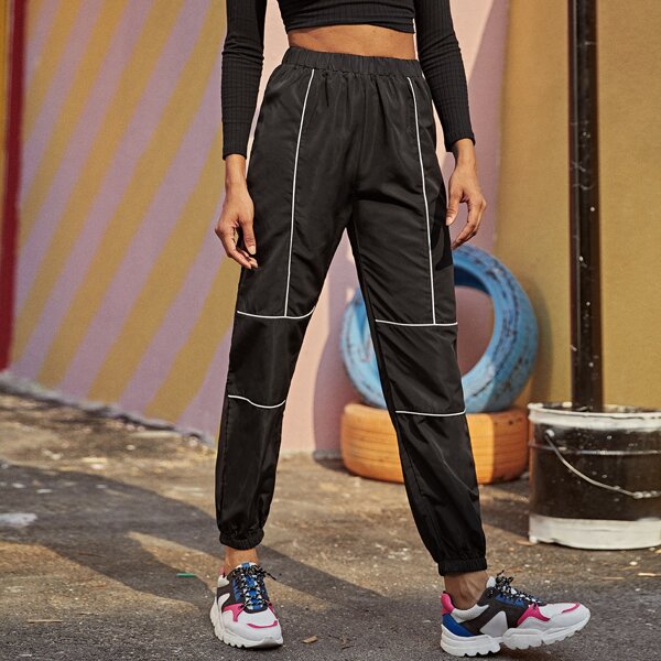 

Contrast Piping Trim Windbreaker Joggers, Black