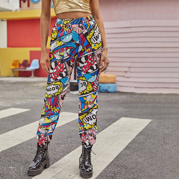 

Elastic Waist Comic Print Pants, Multicolor