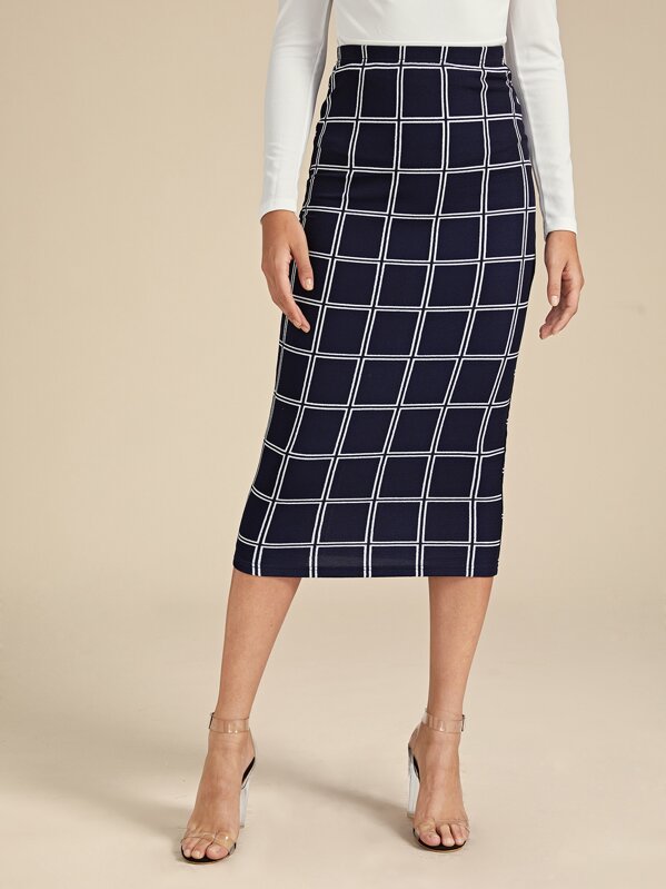 Plaid Print Pencil Skirt, Navy, Luiza