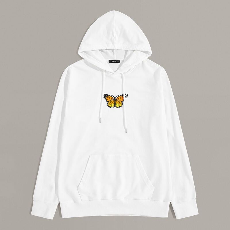 

Guys Butterfly Print Kangaroo Pocket Hoodie, White