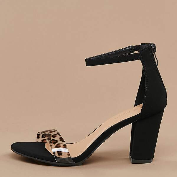 

Leopard Clear Band Ankle Strap Heel Sandals, Multicolor