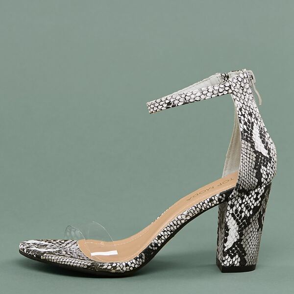 

PVC Band Snakeskin Ankle Strap Chunky Heel Sandals, Multicolor