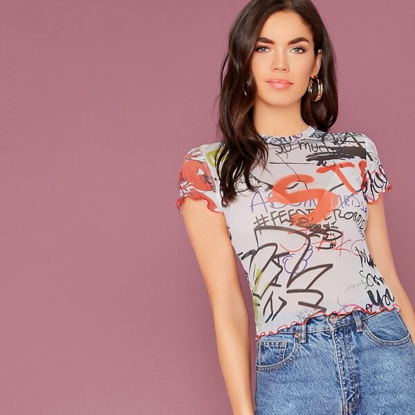 

Lettuce Ruffle Edge Graffiti Print Mesh T-Shirt